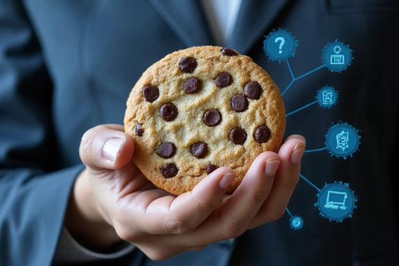 Ręka trzymająca duży, przezroczysty plik cookie z ikonami danych w tle