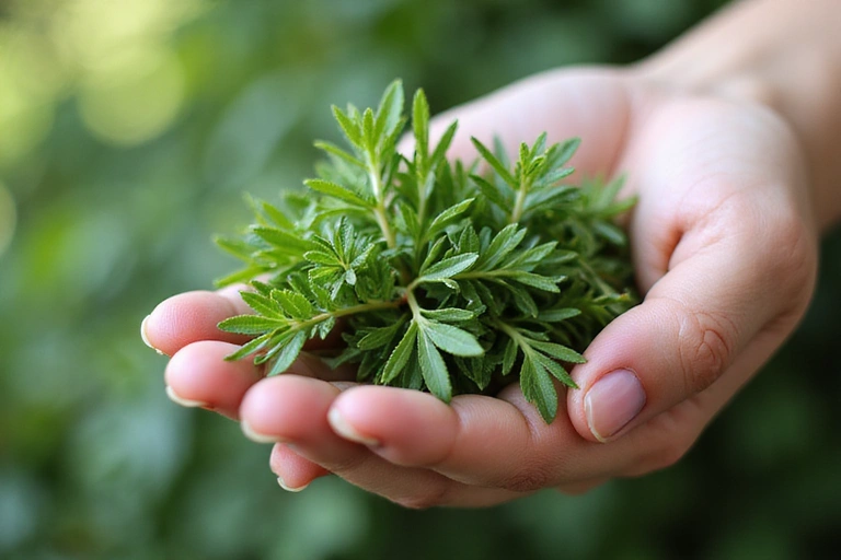 Ręka trzymająca świeże, zielone zioła, symbolizująca naturalne składniki i jakość.
