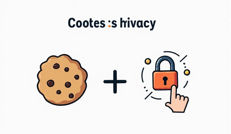 Ilustracja przedstawiająca pliki cookie i prywatność online, z ikonami ciasteczka i kłódki, symbolizujące zgodę użytkownika i zarządzanie danymi.