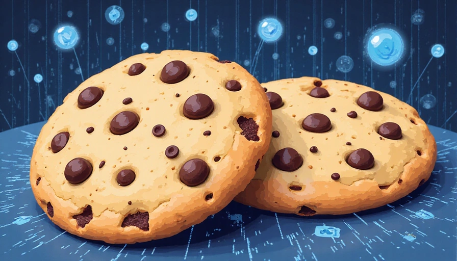 Ilustracja przedstawiająca ciasteczka (cookies) z elementami cyfrowymi, symbolizujące technologię śledzenia i prywatności w internecie.