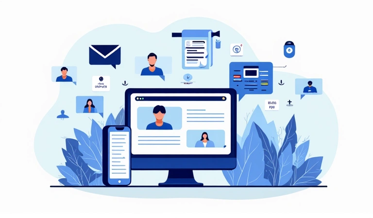 Ilustracja przedstawiająca różne rodzaje danych, takie jak ikony użytkownika, e-mail, telefon i dane techniczne, symbolizujące gromadzenie informacji.