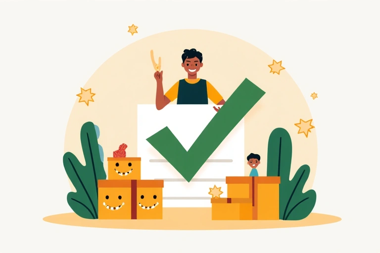 Radosna ilustracja potwierdzająca złożenie zamówienia, z ikonami symbolizującymi sukces i satysfakcję klienta, takimi jak zielony znacznik wyboru i uśmiechnięta twarz.